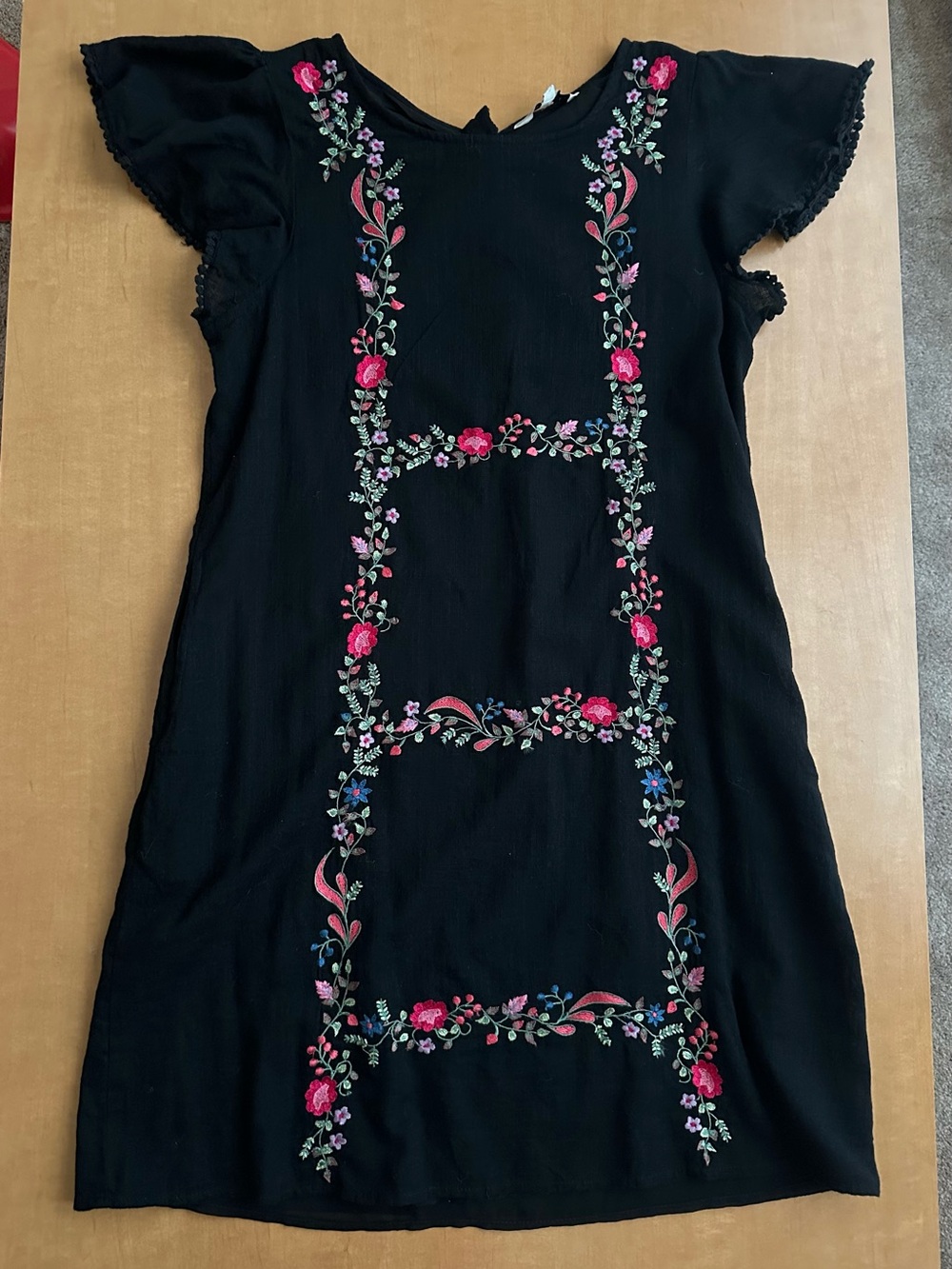 Anthropologie Ranna Gill Black Floral Embroidered Boho Dress Pockets Zip M